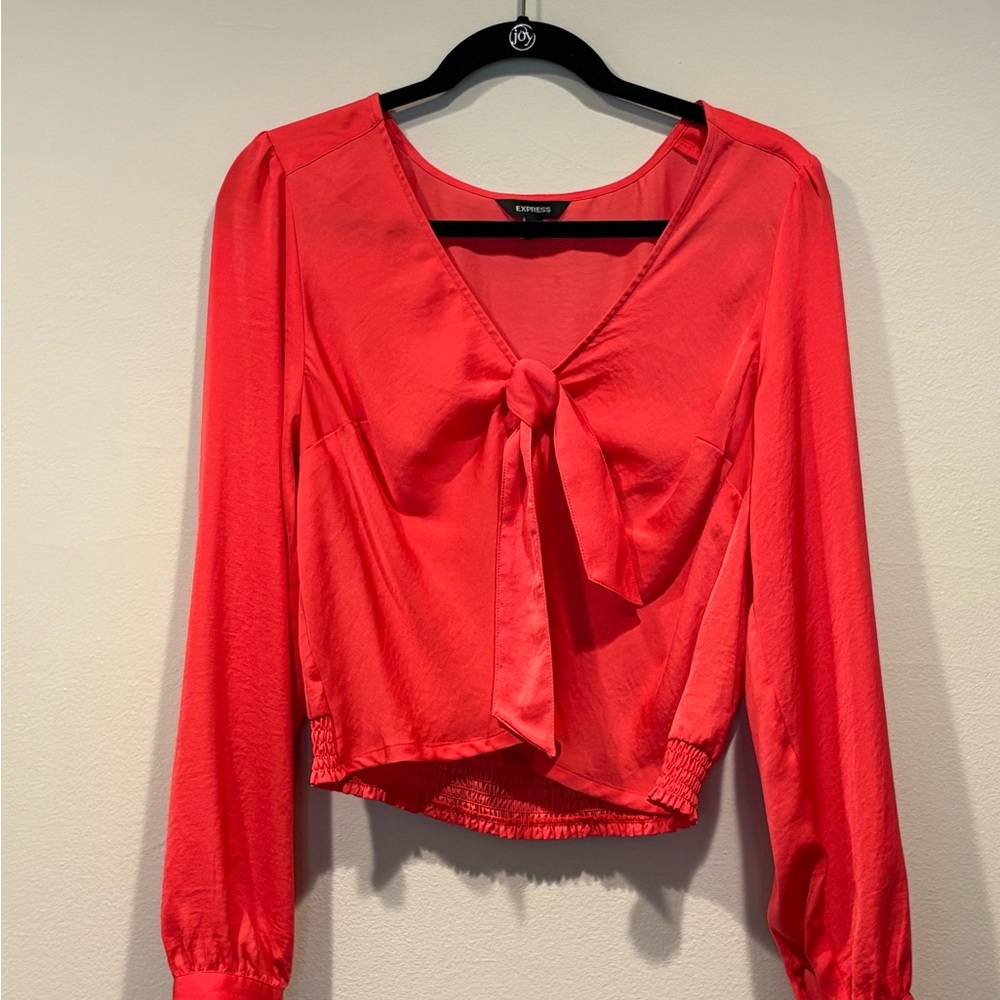 Express Coral Tie-Front Blouse in Bright Coral